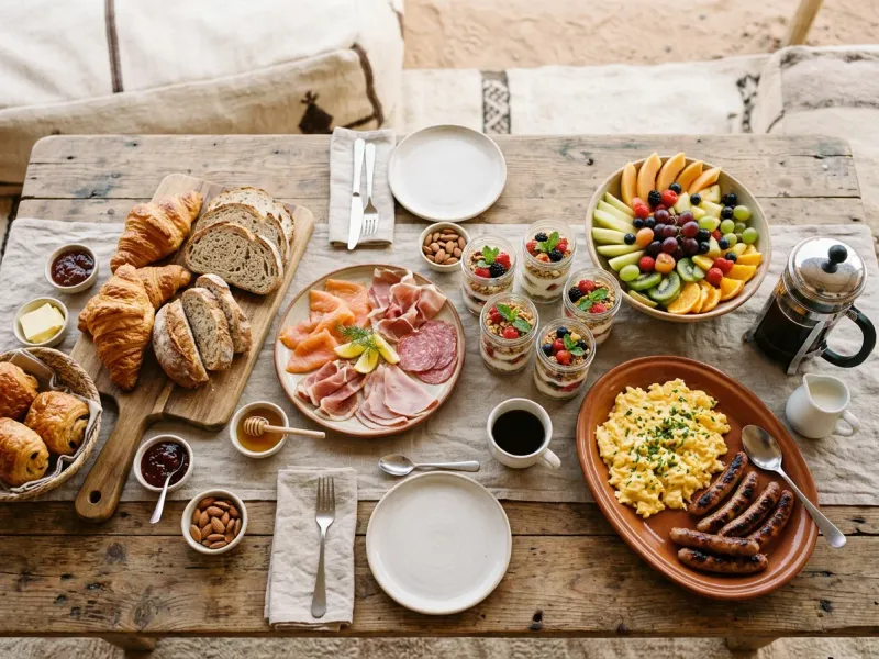 Bedouin camp breakfast buffet spread after a Dubai hot air balloon flight