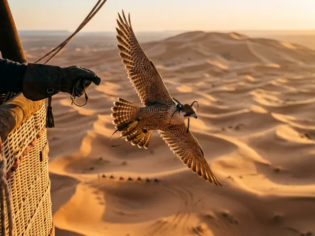 Falcon flying beside a hot air balloon