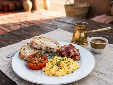 À la carte breakfast plated at a Bedouin heritage camp table