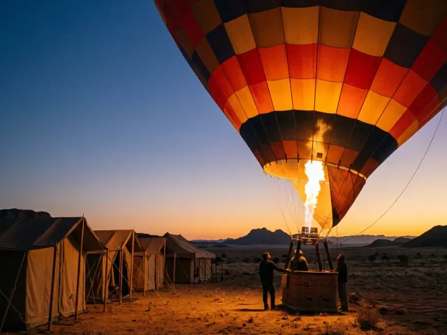 Balloon inflating at dawn beside desert camp tents