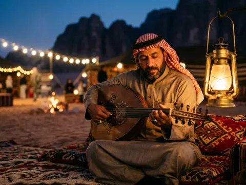 Live Bedouin music performance by lantern light at a desert camp