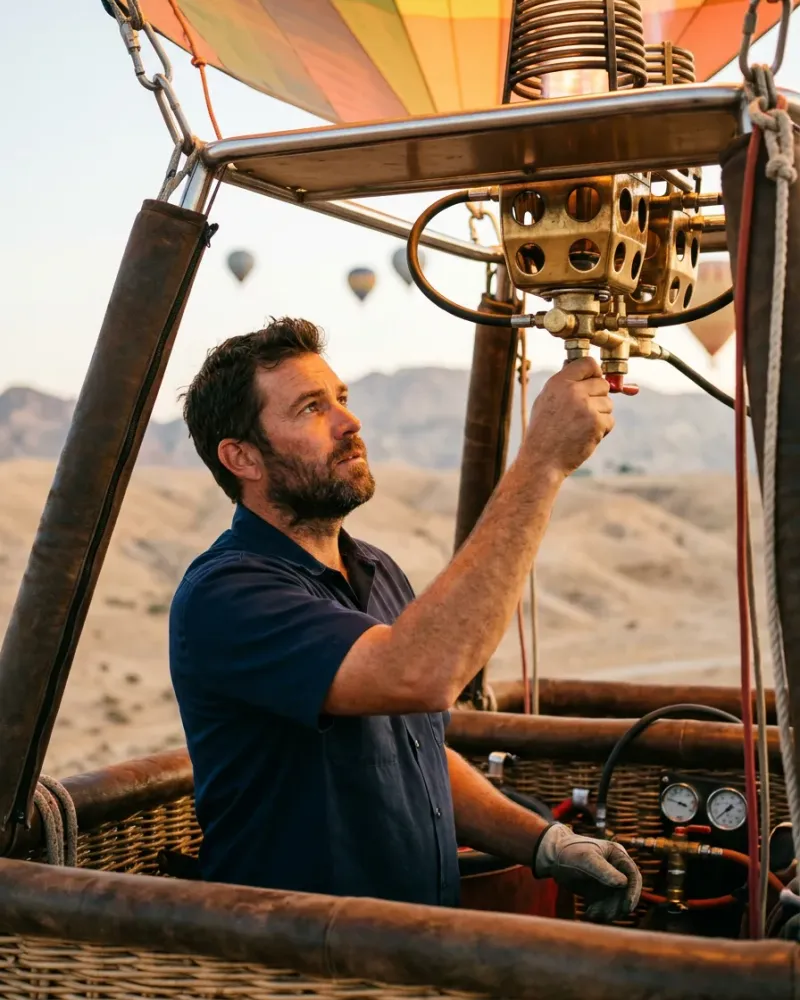 GCAA-licensed hot air balloon pilot operating the burner controls