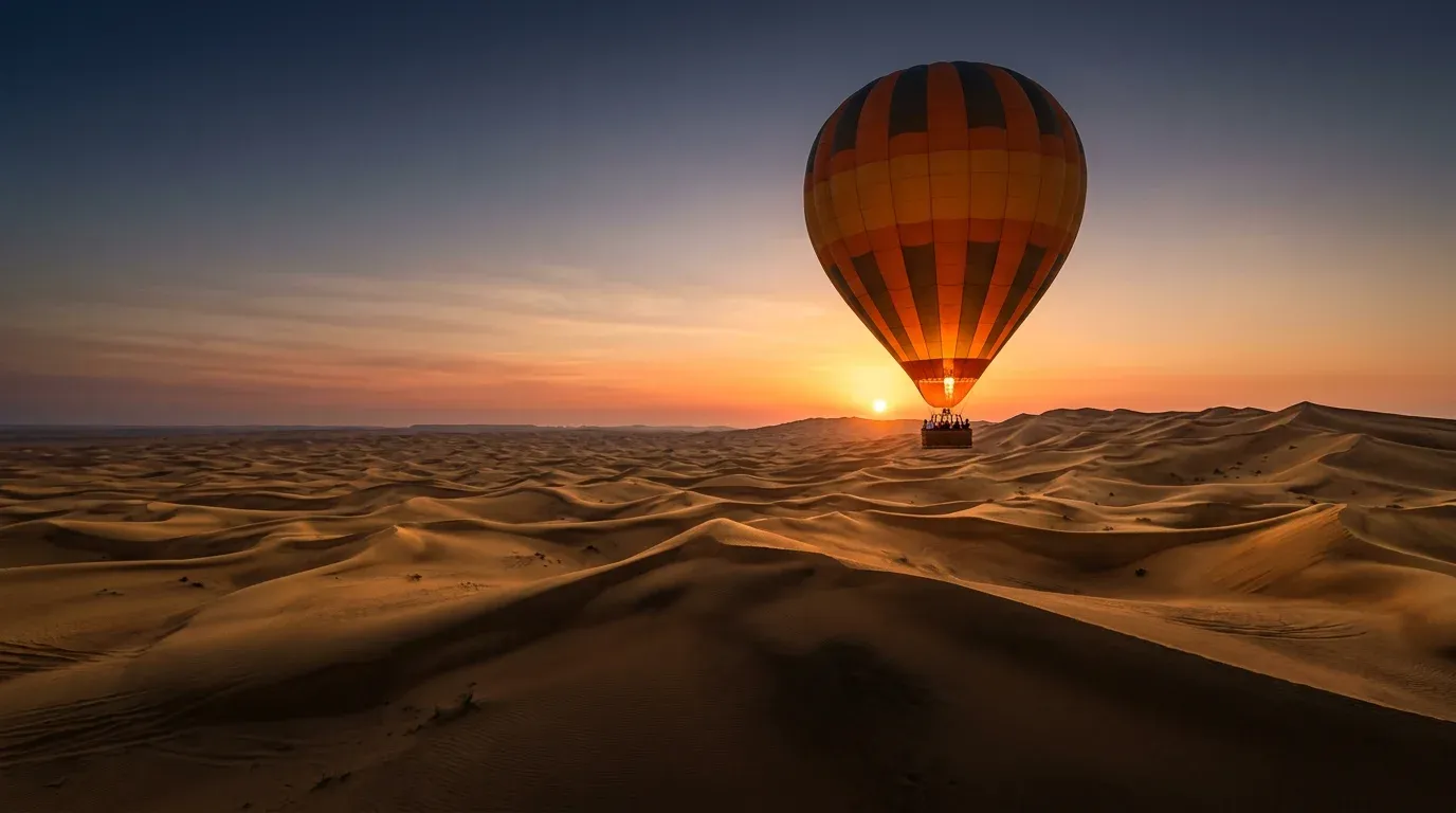 Hot air balloon floating over the Dubai desert dunes at sunrise