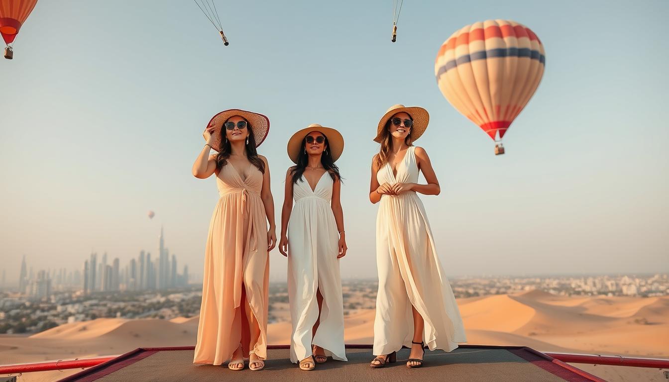 luxury balloon ride attire, stylish outfits for Dubai balloon trips